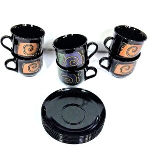 Set Of 6 Vintage Arcoroc Of France Black Striking Design Coffee Cups and Saucers
